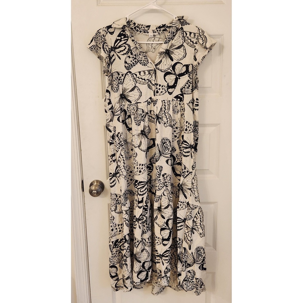 Jane + Delancey Butterfly Print Midi Dress Black White Tiered V-Neck Small‎